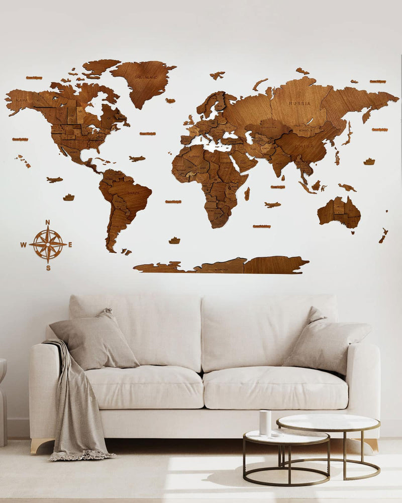 3D Multilayered World Map Rustic Wall Art Walnut 1-0