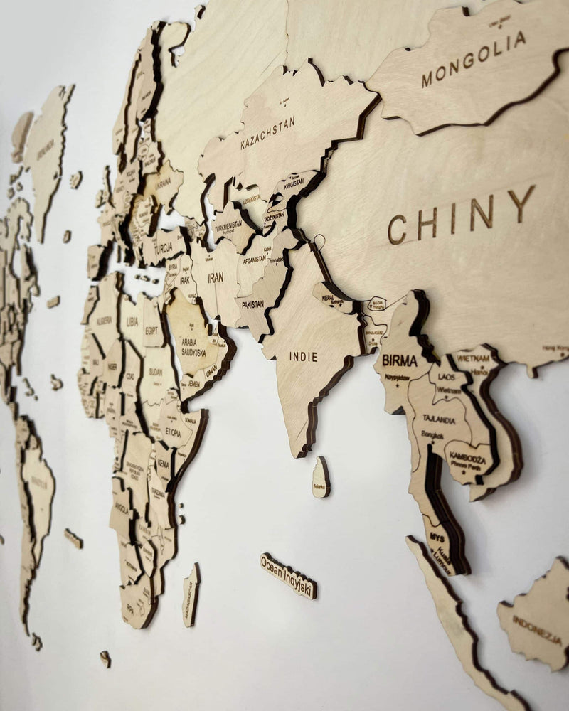 3D Wooden World Map Wall Art Natural 4-3