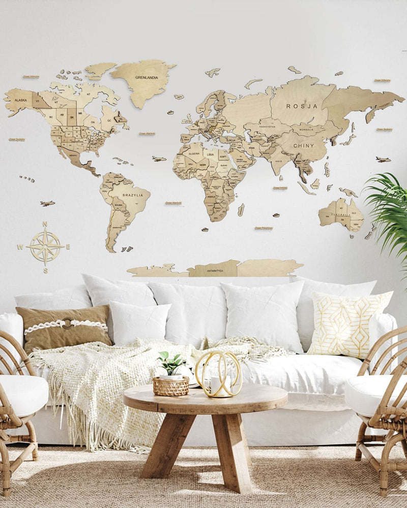 3D Wooden World Map Wall Art Natural 5-4