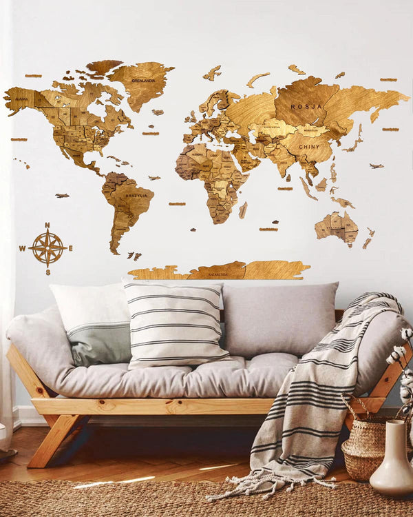 3D World Map Wood Living Room Wall Decor Oak-0