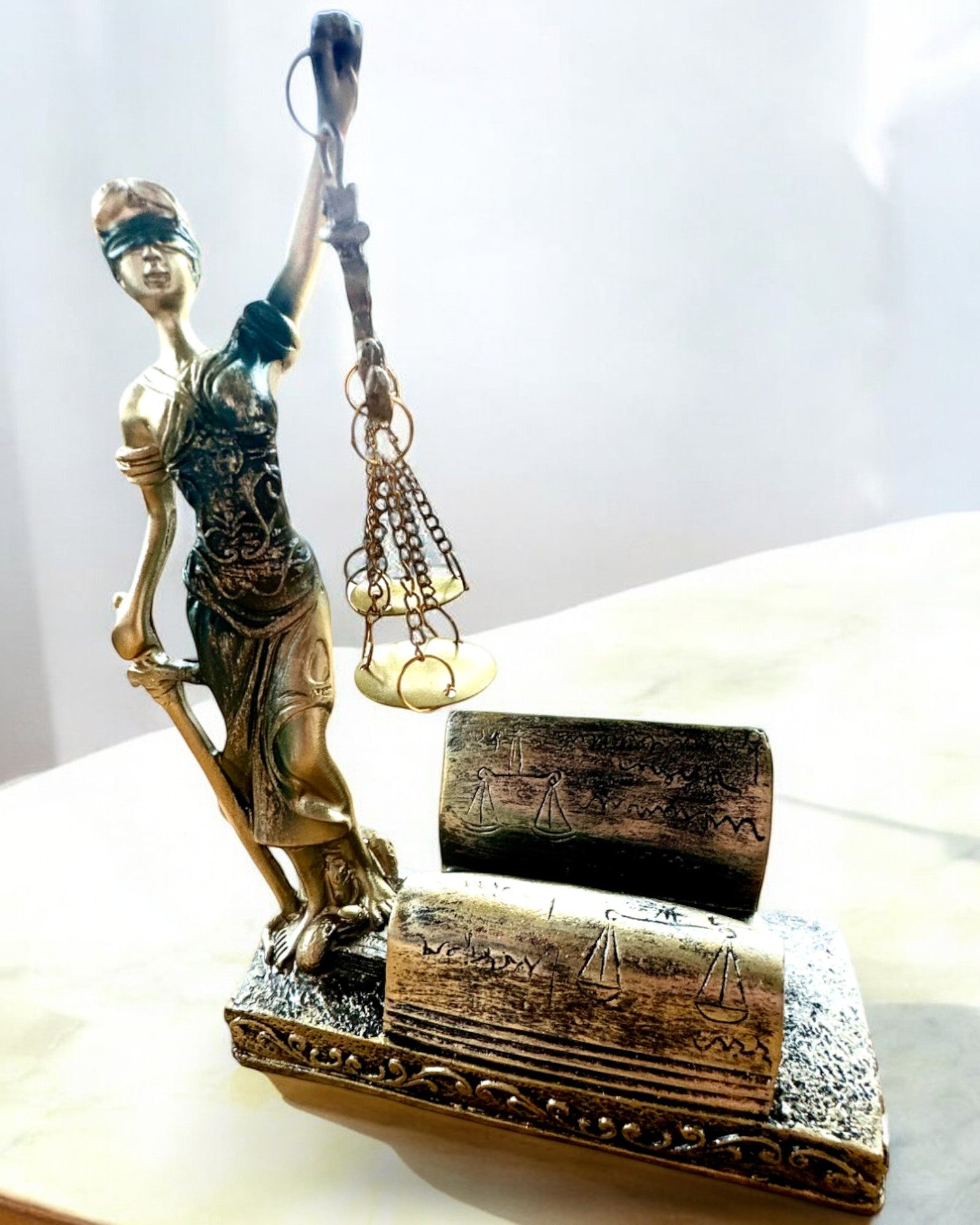 Statuetka "Justicia 2" - Bogini Sprawiedliwości  – Artystyczna Dekoracja na Półkę, Rzemiosło z Żywicy, personalizacja grawerem