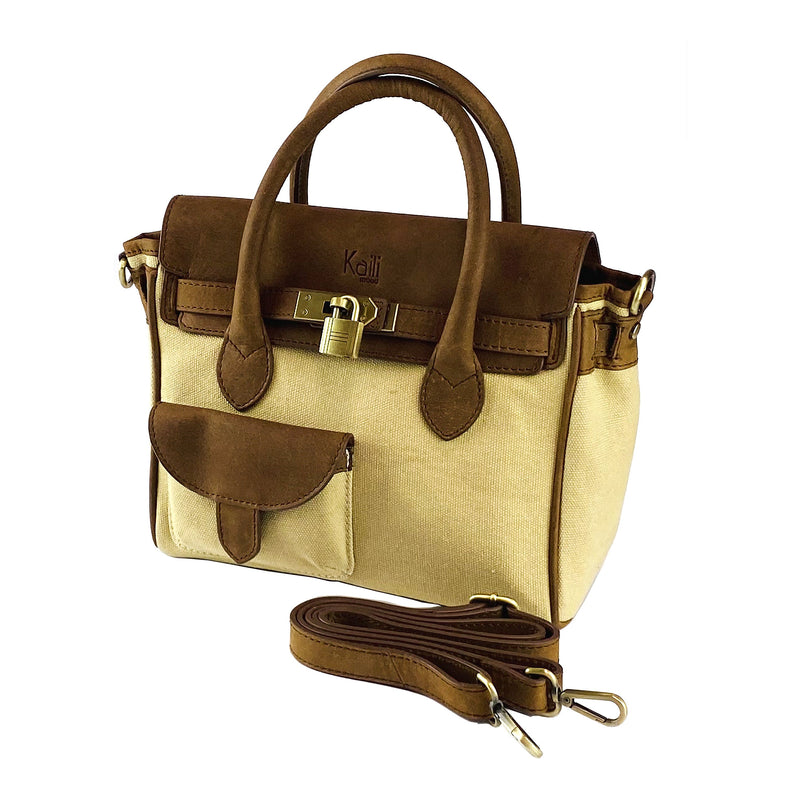 K0042ALCB | Mini Handbag in Canvas/Genuine Leather Made in Italy. Removable shoulder strap. Attachments with metal snap hooks in Antique Brass - Rope color - Dimensions: 24 x 20 x 12 cm-0