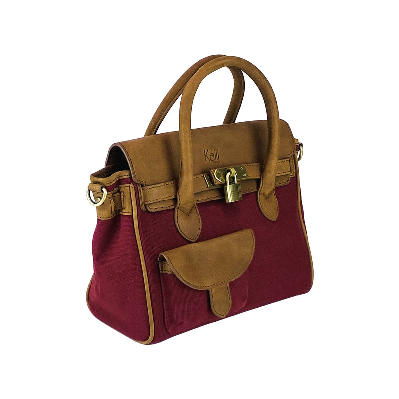 K0042XCB | Mini Handbag in Canvas/Genuine Leather Made in Italy. Removable shoulder strap. Attachments with metal snap hooks in Antique Brass - Bordeaux color - Dimensions: 24 x 20 x 12 cm-2