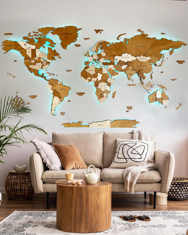 3D LED Illuminated Wooden World Map Birdywing™-0