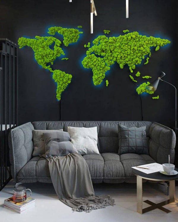 Illuminated map of the world made of mossy weed EXCLUSIVE Birdywing™-0