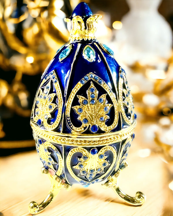 Ekskluzywne Jajko Faberge - kolor ciemny niebieski – Dekoracyjne Pudełko na Biżuterię z Emalii