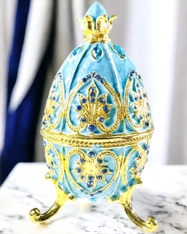 Niebiańskie Jajko Faberge – Emaliowany Organizator Biżuterii - kolor niebieskie niebo. Personalizacja grawerem