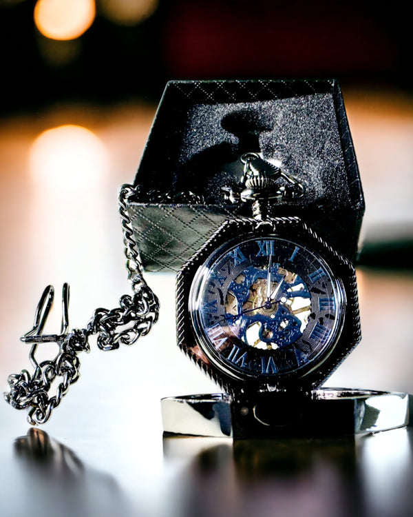 Klasyczny Sześciokątny Mechaniczny Zegarek Kieszonkowy Steampunk w Kolorze Czarnym, Grawer