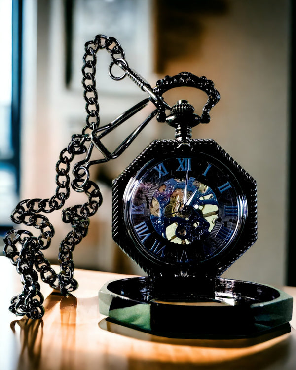 Klasyczny Sześciokątny Mechaniczny Zegarek Kieszonkowy Steampunk w Kolorze Czarnym, Grawer