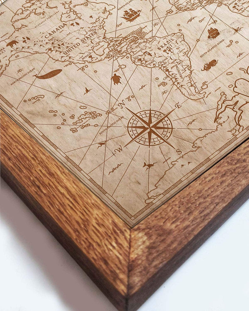 Wooden World Map Vintage, in an oak frame Birdywing™-2