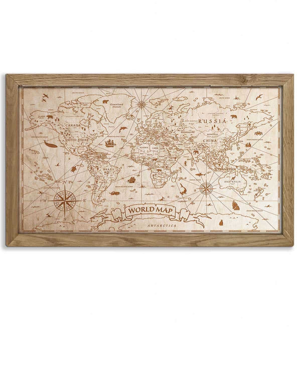 Wooden World Map Vintage, in an oak frame Birdywing™-0