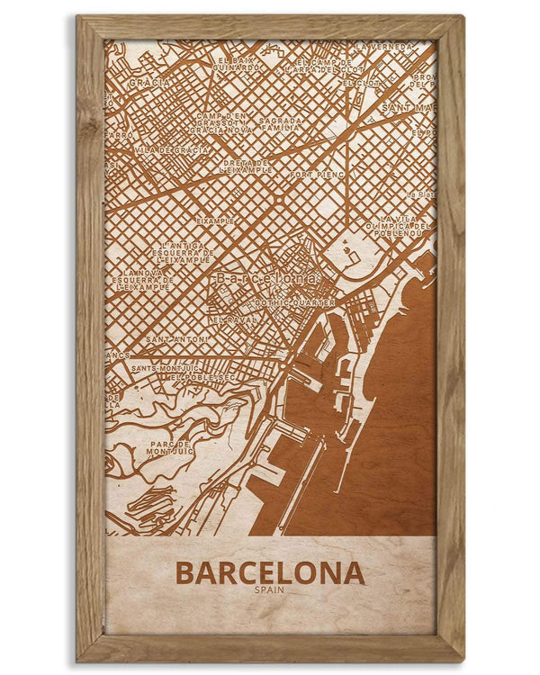 Wooden Street Map of Barcelona - Urban City Plan 5-0