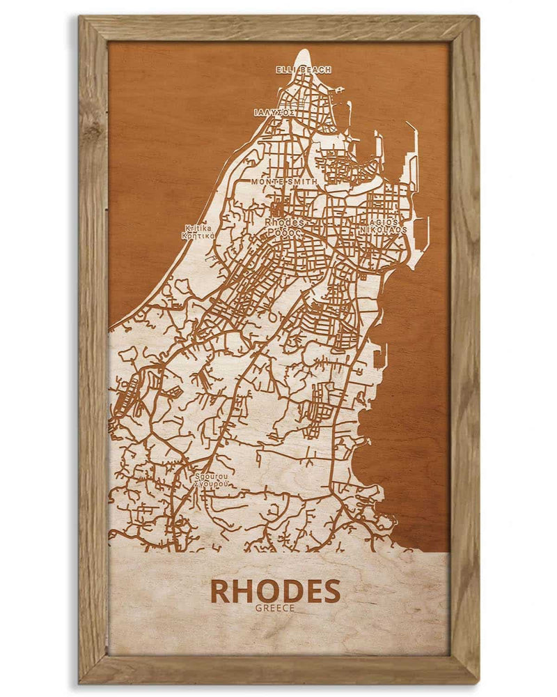 Wooden Street Map of Rhodoes – Urban City Plan, in an oak frame 1-0