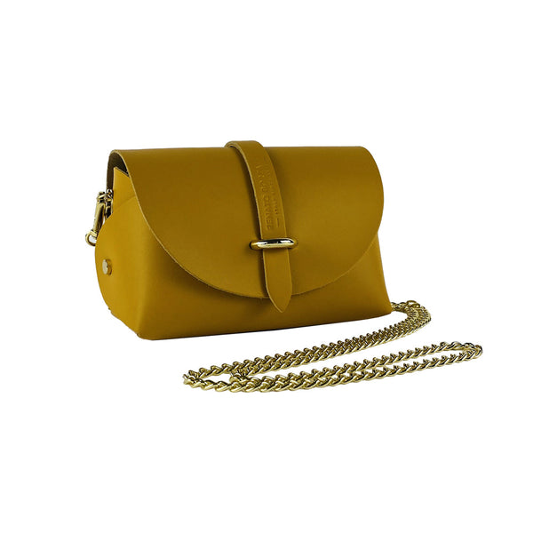 RB1001AR | Small bag in genuine leather Made in Italy with removable shoulder strap and shiny gold metal closure loop - Mustard color - Dimensions: 16.5 x 11 x 8 cm-0