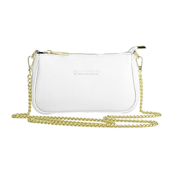 RB1022W | Small bag in genuine leather Made in Italy with removable chain shoulder strap. Zipper closure and shiny gold metal accessories - White color - Dimensions: 20 x 12 x 6 cm-1