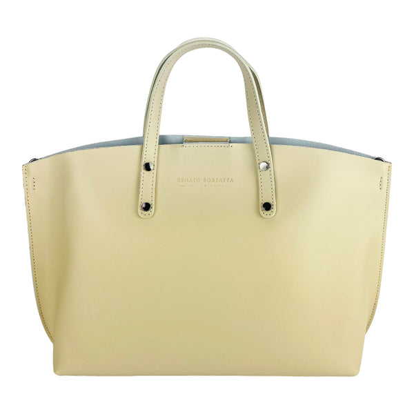 RB1024AL | Women's handbag in genuine leather Made in Italy with removable shoulder strap. Large internal removable bag. Polished gunmetal accessories - Beige color - Dimensions: 48x31x11 cm-1