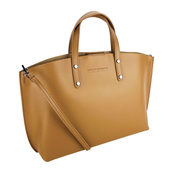 RB1024S | Women's handbag in genuine leather Made in Italy with removable shoulder strap. Large internal removable bag. Accessories Polished Gunmetal - Cognac color - Dimensions: 48x31x11 cm-0