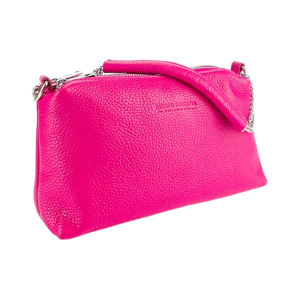 RB1025BE | Women's handbag with double zip in Genuine Leather Made in Italy. Adjustable leather shoulder strap. Accessories Polished Nickel - Fuchsia color - Dimensions: 26 x 14 x 9 cm-1