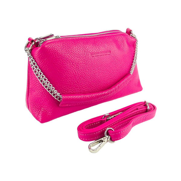 RB1025BE | Women's handbag with double zip in Genuine Leather Made in Italy. Adjustable leather shoulder strap. Accessories Polished Nickel - Fuchsia color - Dimensions: 26 x 14 x 9 cm-0