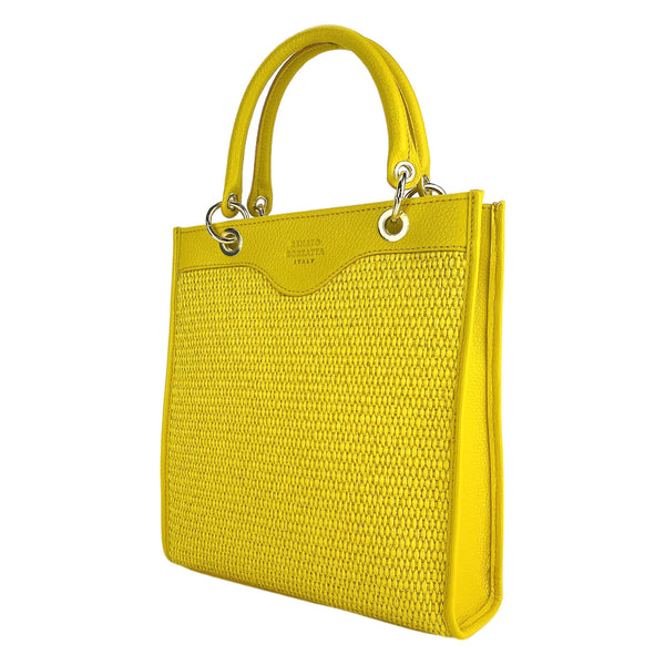 RB1026R | Vertical women's handbag in genuine leather and straw Made in Italy. Removable and adjustable leather shoulder strap. Polished Gold Accessories - Yellow Color - Dimensions: 24 x 29 x 9 cm-0